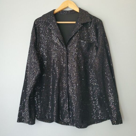 Black Sequin Long Sleeve Button UpV Neck Dress Blouse Womens Large - Picture 1 of 8